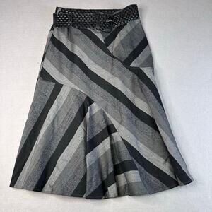 Marks & Spencer Midi Skirt Gray Black Womens Small Belted A-Line Chevron Striped